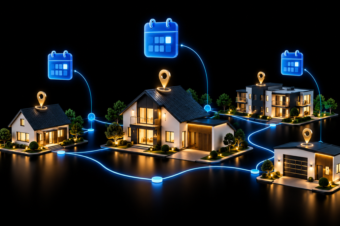HomeStrong-Dienstleistungsnetzwerk in Unna Lokale Anbieter und freie Termine als verbundenes Netzwerk in Blau und Gold auf schwarzem Hintergrund.