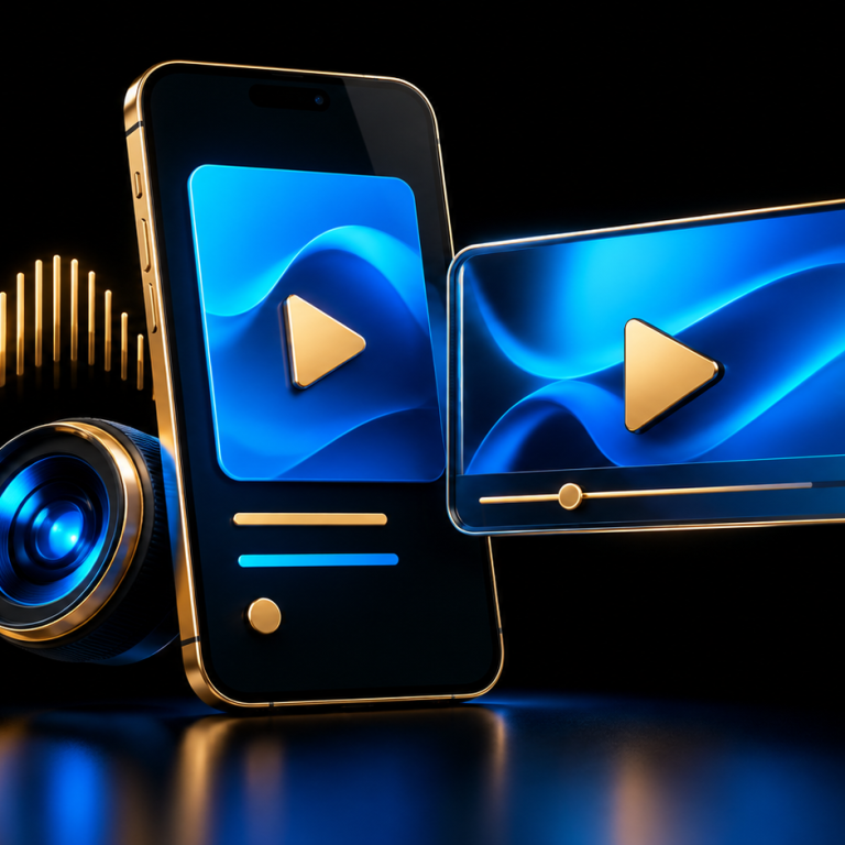 Werbevideos und Bildmaterial für regionale Dienstleister Blaue Video- und Smartphonegrafik mit goldenen Wiedergabesymbolen, Kamera und Tonspur auf Schwarz.