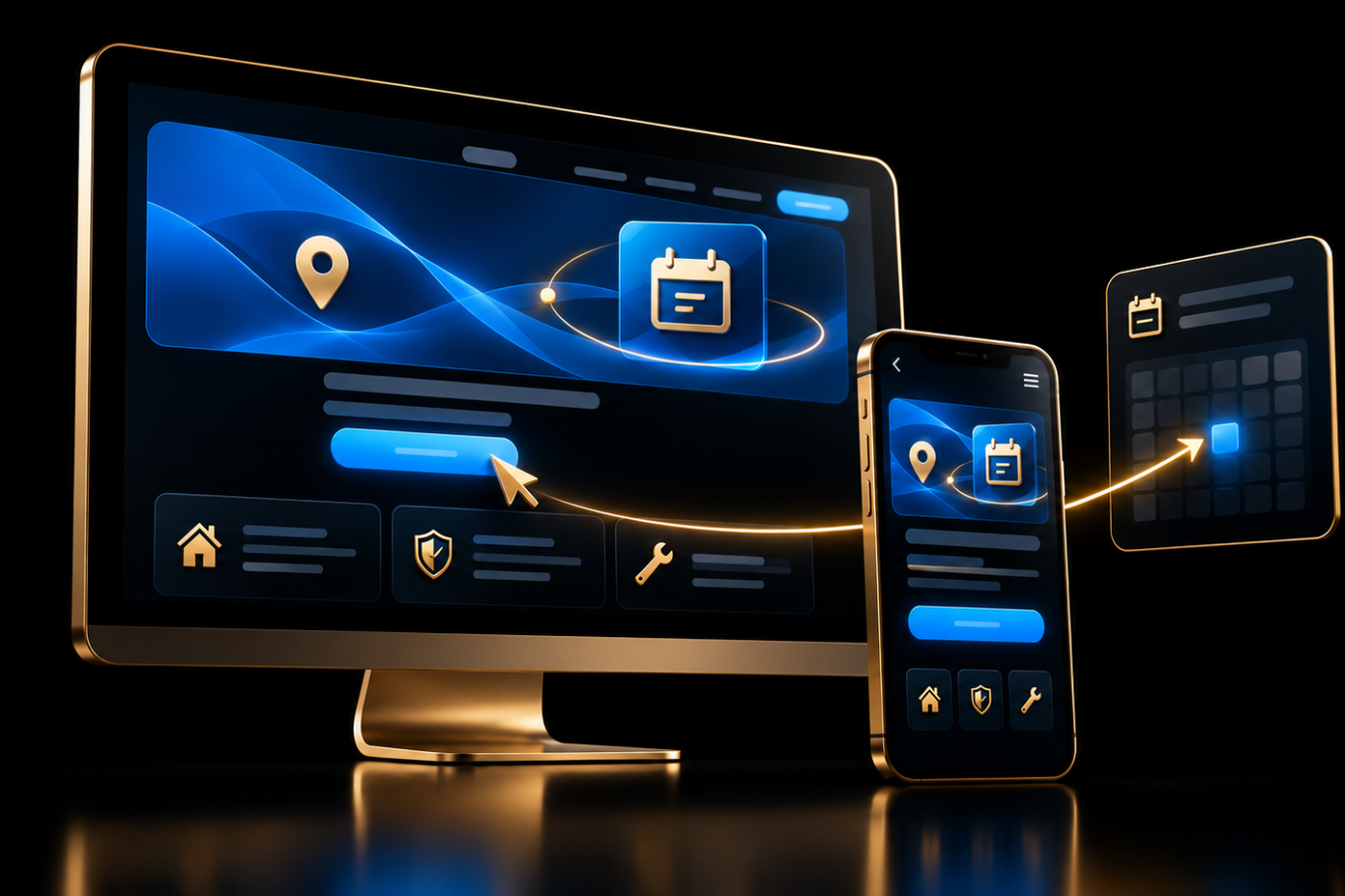 Websites und Landingpages für lokale Dienstleister Individuelle Website auf Computer und Smartphone mit direktem Kalenderzugang in Blau und Gold.